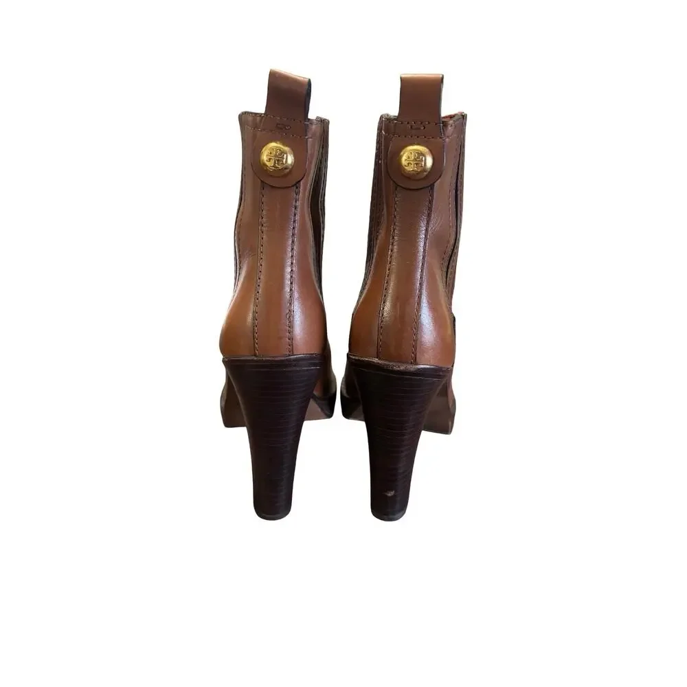 Tory Burch Brown Leather Ankle Booties Round Toe Heeled Boots Size 8